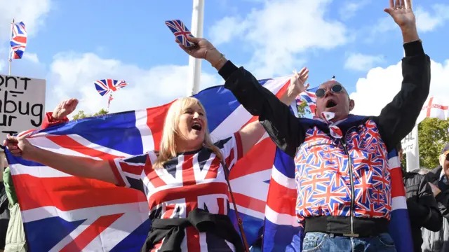 Pro-Brexit protesters outside the Houses of Parliament in London after Prime Minister Boris Johnson delivered a statement in the House of Commons on his new Brexit deal on what has been dubbed "Super Saturday"