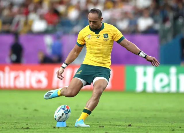 Christian Lealiifano of Australia kicks a penalty during the Rugby World Cup 2019 Quarter Final match between England and Australia at Oita Stadium