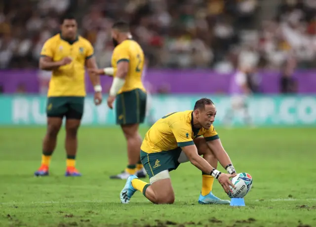 Christian Lealiifano of Australia lines up a penalty during the Rugby World Cup 2019 Quarter Final match between England and Australia at Oita Stadium