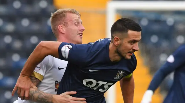 Kilmarnock's Gary Dicker and Livingston's Robbie Crawford