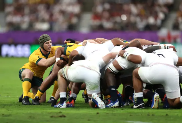 David Pocock of Australia assesses the scrum during the Rugby World Cup 2019 Quarter Final match between England and Australia at Oita Stadium