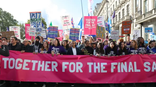 Paul McGann (second left), Sir Patrick Stewart (third left) and Mayor of London Sadiq Khan (centre) join protestors in an anti-Brexit, Let Us Be Heard march on Old Park Lane