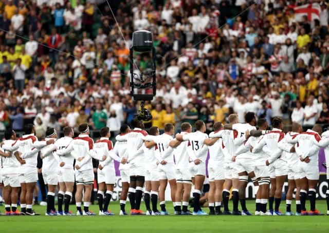 England players line up prior to the Rugby World Cup 2019 Quarter Final match between England and Australia at Oita Stadium