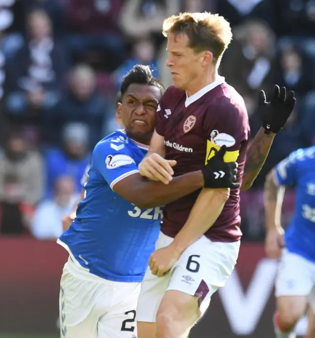 Alfredo Morelos tussles with Christophe Berra