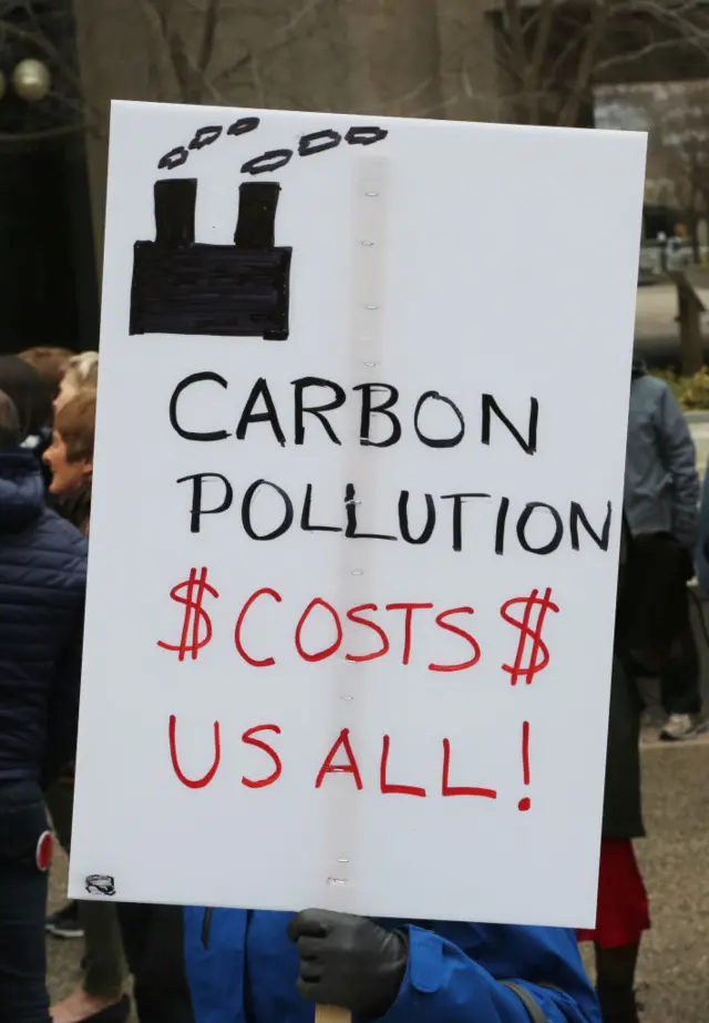 Rally to stop climate change outside the Osgoode Hall Courthouse in Toronto, Ontario, Canada, on April 15, 2019. The Ontario Provincial Government is going to court to challenge the Federal Government's carbon tax and undermine Canada's plan to tackle climate change. Protesters rallied to show their discontent for Ontario Premier Doug Ford's challenge against the federal carbon tax and to cal for the Ontario government to take action against climate change.