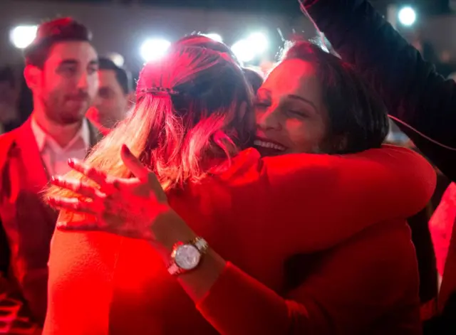 Supporters of Liberal party candidate, Justin Trudeau, react to the announcements of the first results at the Palais des Congres in Montreal during Team Justin Trudeau 2019 election night event in Montreal, Canada on October 21, 2019.