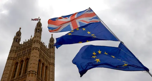 EU and UK flags outside Parliament