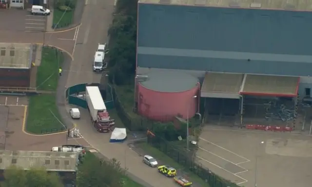 Aerial view of lorry where 39 bodies were found