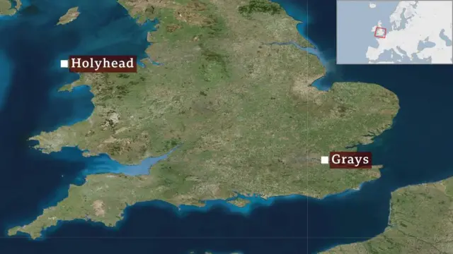 Map showing Holyhead and Grays