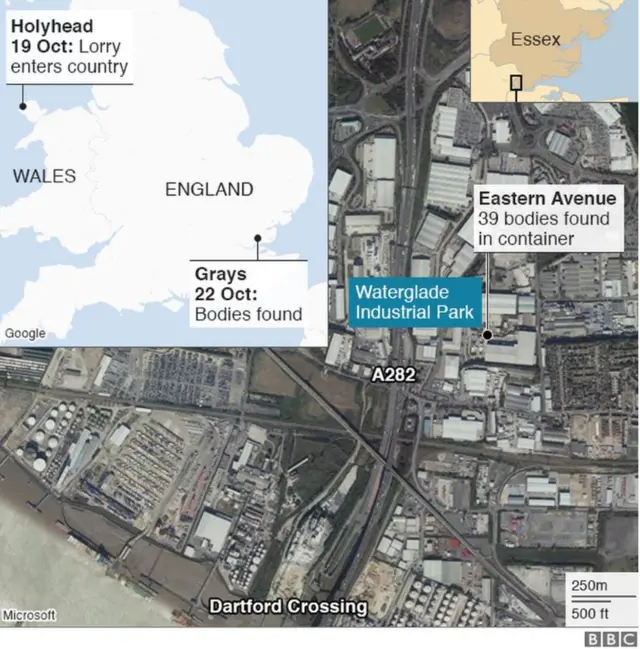 Map showing Grays, Essex and Holyhead, Wales