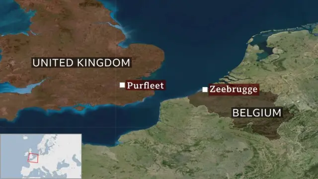 Map showing Purfleet, UK and Zeebrugge, Belgium