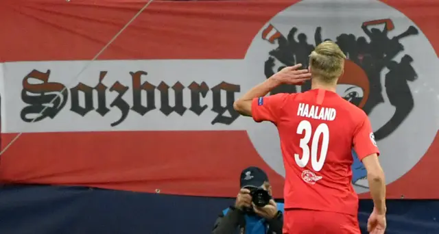 Norwegian forward Erling Braut Haland celebrates during the UEFA Champions League Group E football match FC Red Bull Salzburg v SSC Napoli