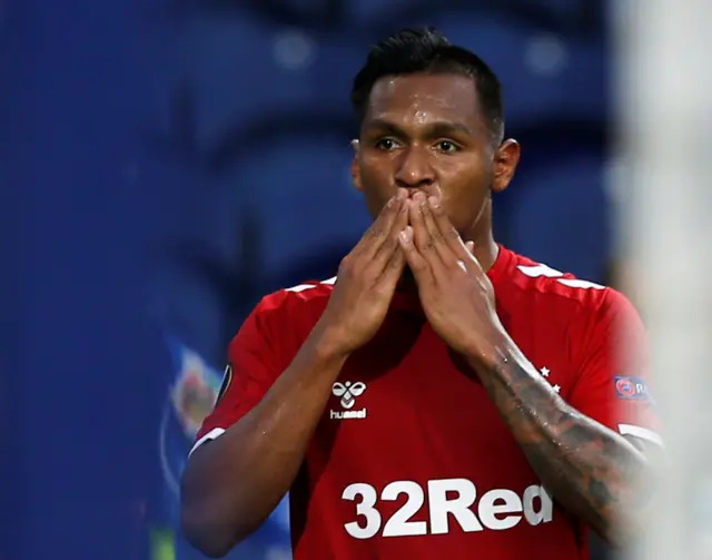 Alfredo Morelos celebrates scoring their first goal