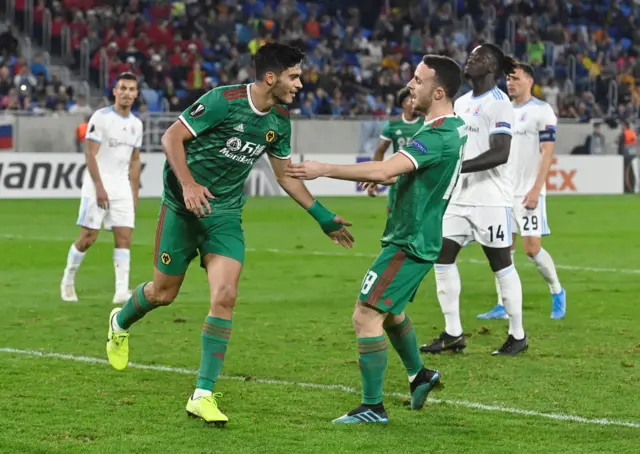 Raul Jimenez celebrates scoring Wolves' second goal