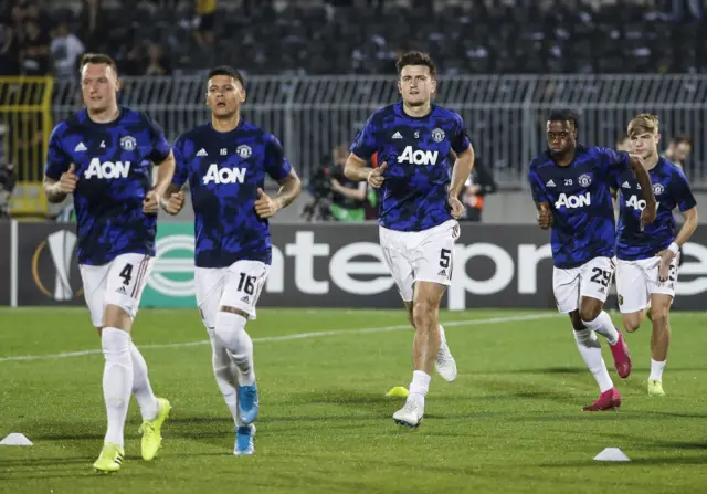 Manchester United players warms up prior to the UEFA Europa League group L match between Partizan and Manchester United at Partizan Stadium