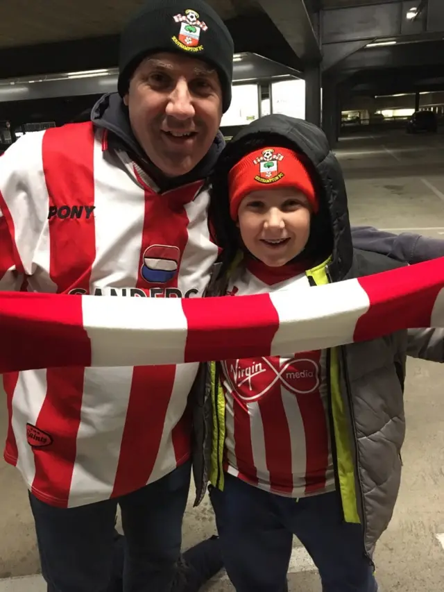 Tom Sherburn and his dad Mike before Friday night's 9-0 defeat for Southampton at home to Leicester