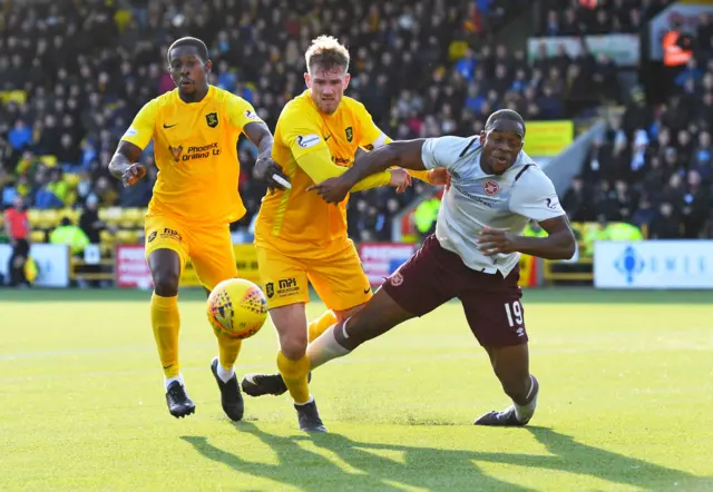 Hearts striker Uche Ikpeazu is putting himself about in typically robust fashion