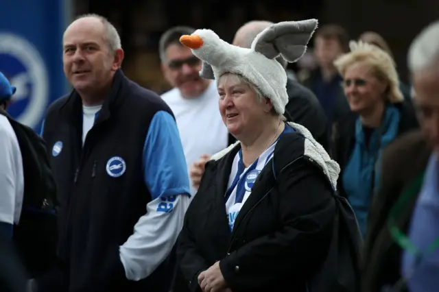 A Brighton fan wearing a seagull hat