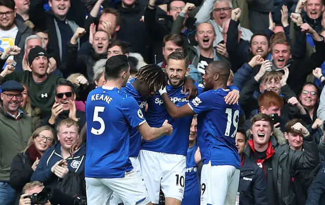 Everton players celebrate Gylfi Sigurdsson's goal last week