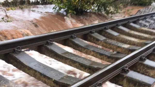 Flood water washing under tracks at Pontrilas, Herefordshire