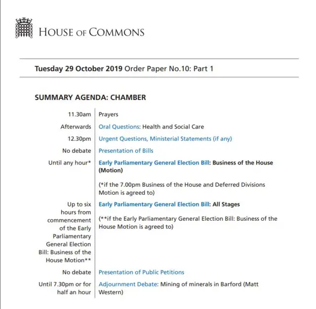 House of Commons order paper for 29 October