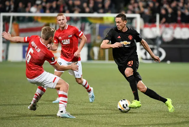 Manchester United's Nemanja Matic in action with AZ Alkmaar's Fredrik Midtsjo