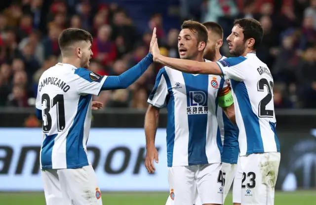 Espanyol's Esteban Granero and Victor Campuzano celebrate their first goal