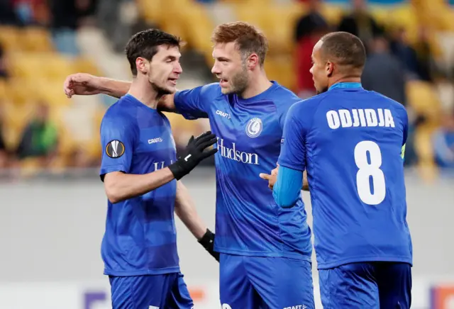 Gent's Laurent Depoitre celebrates scoring their first goal with teammates