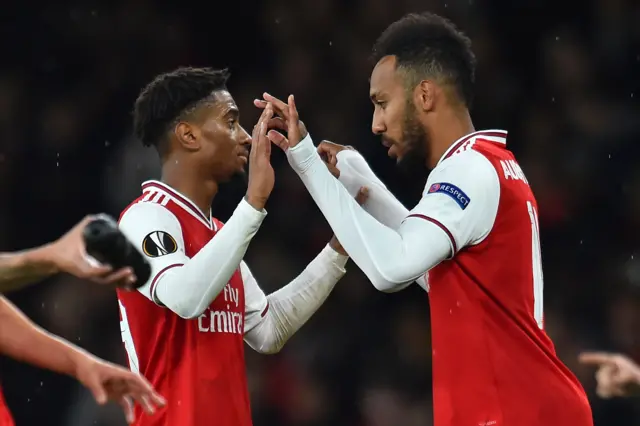 Arsenal's Pierre-Emerick Aubameyang and Reiss Nelson