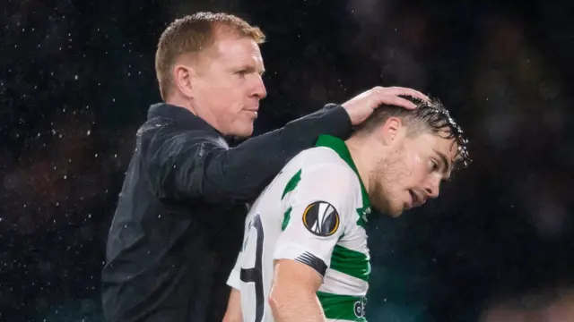 Celtic manager Neil Lennon congratulates James Forrest