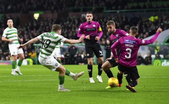 James Forrest shoots in the second goal at Celtic Park