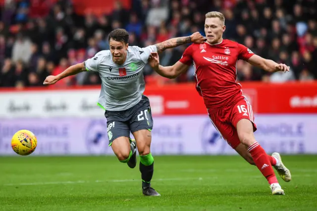 Hibernian's Melker Hallberg and Aberdeen's Sam Cosgrove