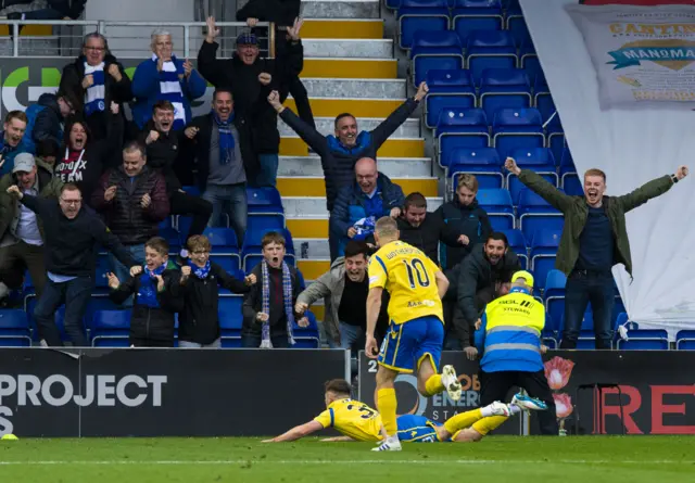 Matty Kennedy celebrates in front of the St Johnstone support after his goal