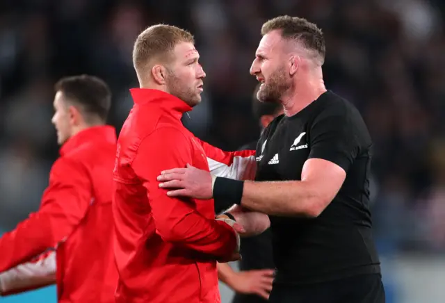 Ross Moriarty of Wales and Kieran Read of New Zealand