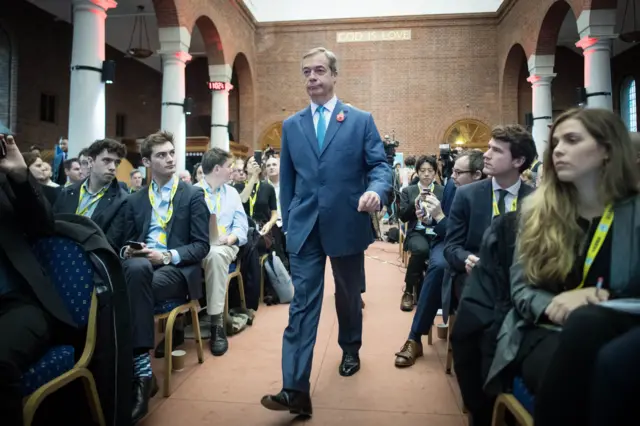 Nigel Farage at the Brexit Party"s General Election campaign launch at the Emmanuel Centre in Westminster, London.