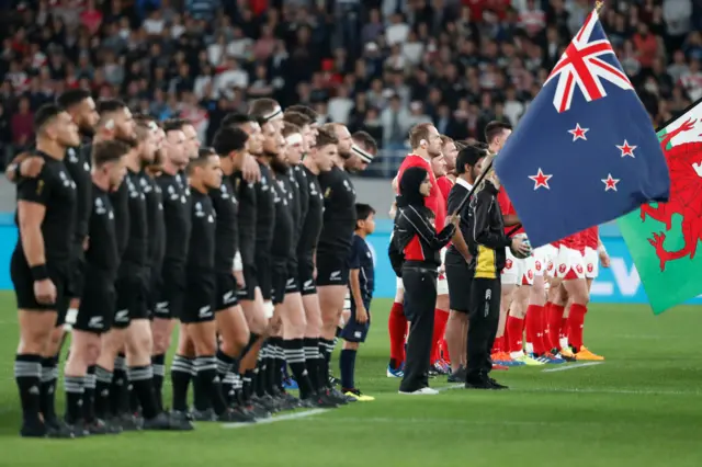 New Zealand and Wales line-up during the anthems