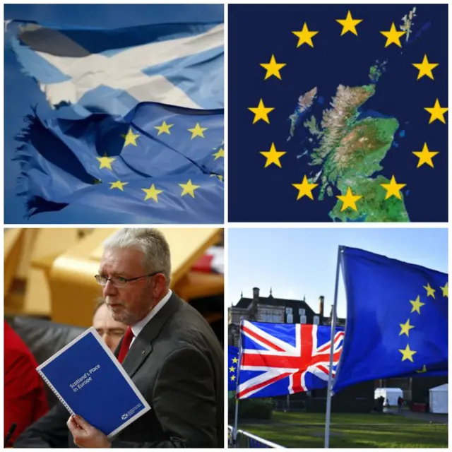 Mike Russell EU, UK and Scottish flags