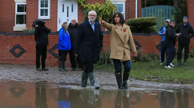 Jeremy Corbyn and Caroline Flint visit flood damaged homes
