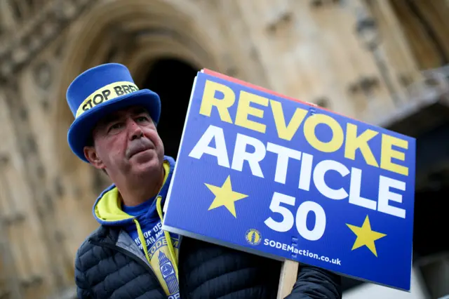 Anti-Brexit protester Steve Bray demonstrates outside the Houses of Parliament in London, Britain