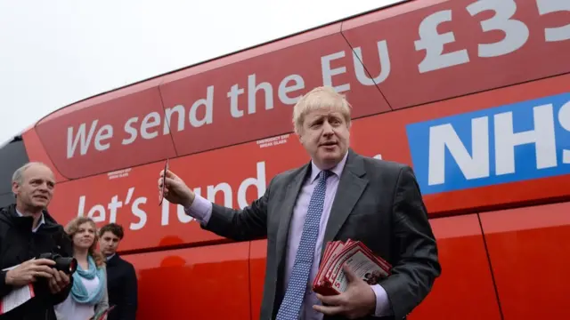 Boris Johnson in front of the Vote Leave bus in 2016