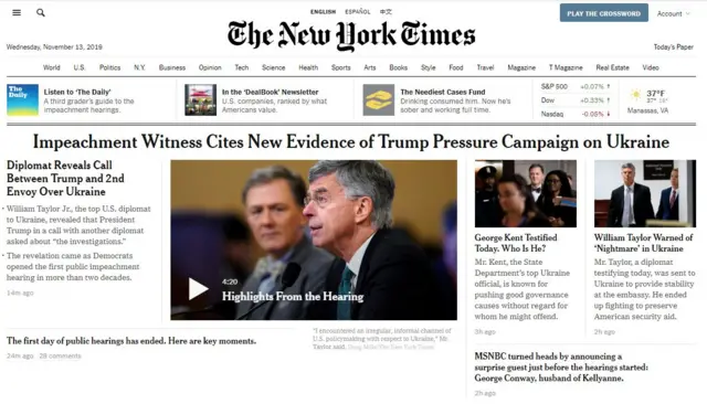 Image grab of NYT front page online