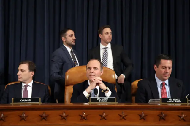 Intelligence Committee Chairman Adam Schiff (centre) and ranking Republican Devin Nunes (right)