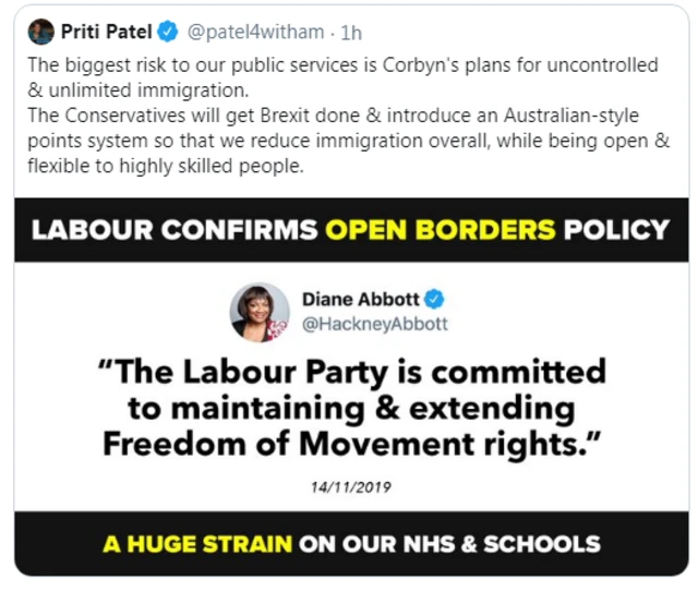 Graphic featuring on Priti Patel's Twitter feed