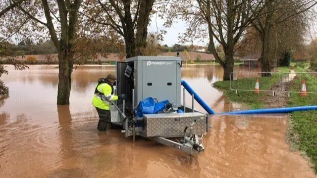 Pumping flood water from Lowdham Cricket Club