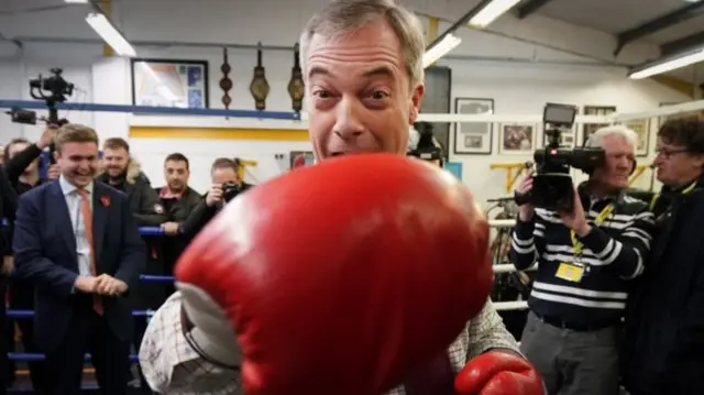 Brexit party leader Nigel Farage attends an election campaign event at Bolsover Boxing Club on November 5, 2019 in Bolsover, England.