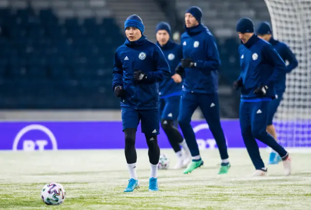 Kazakhstan training at a frosty Hampden on Monday evening