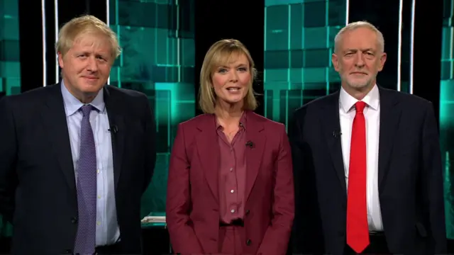 Boris Johnson, Julie Etchingham and Jeremy Corbyn