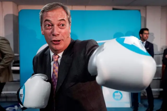 Brexit Party leader Nigel Farage during a party rally at the Gator ABC Boxing Club, in Hainault, Essex