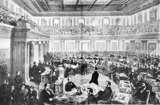 An engraving showing the impeachment trial of President Andrew Johnson in the Senate March 13, 1868