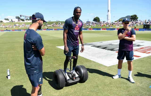 Jofra Archer of England rides a segway ahead of day one of the first Test match between New Zealand and England at Bay Oval